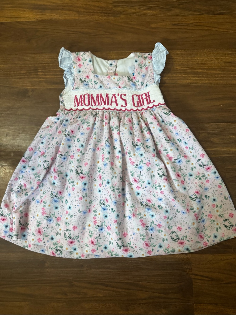 Girls Pink Floral Smocked Dress with 'Momma's Girl' Detail